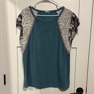 BiBi Teal and Gray Leopard Sleeve Top